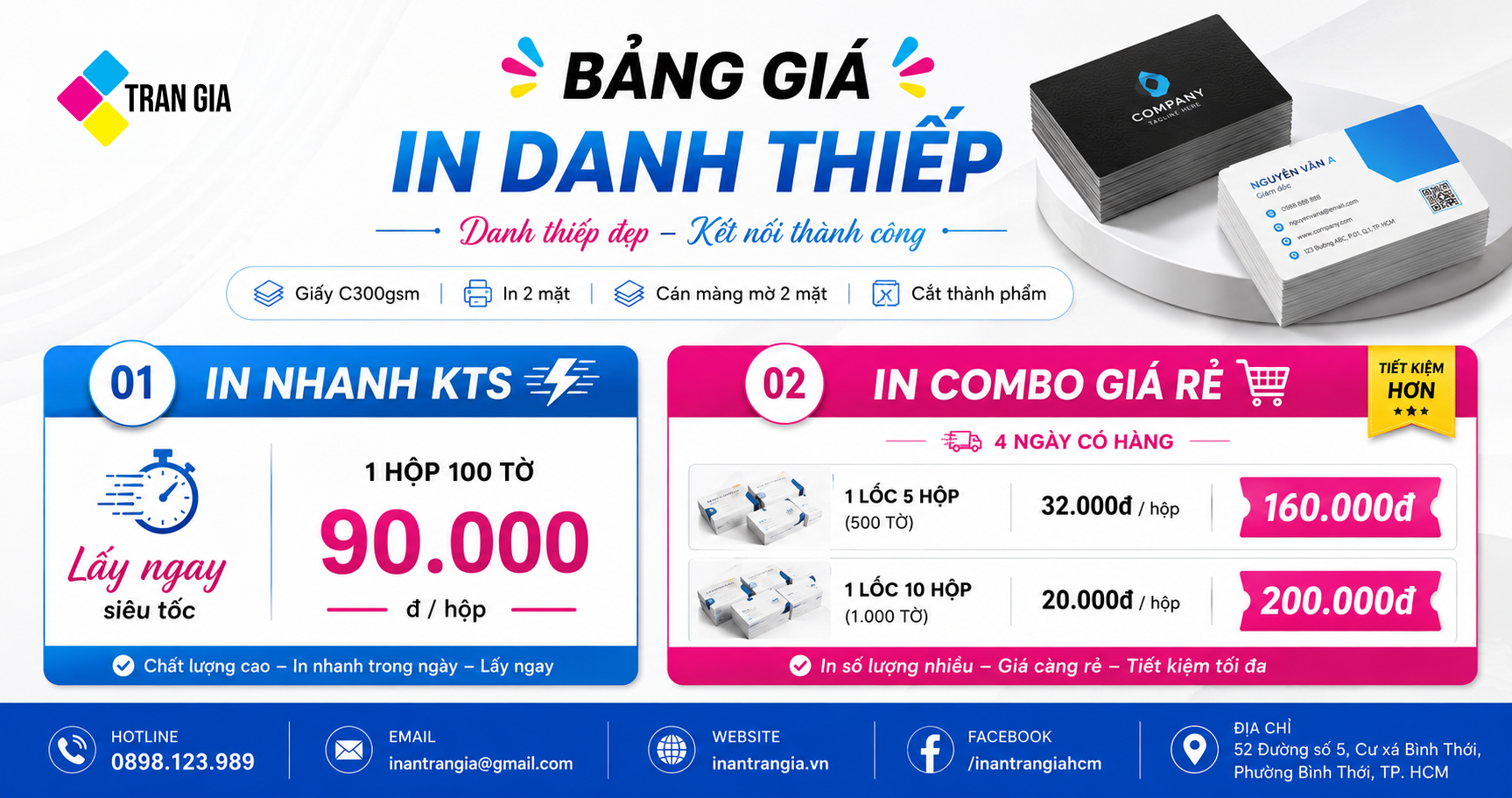 Bảng giá tham khảo in danh thiếp tại In Ấn Trần Gia