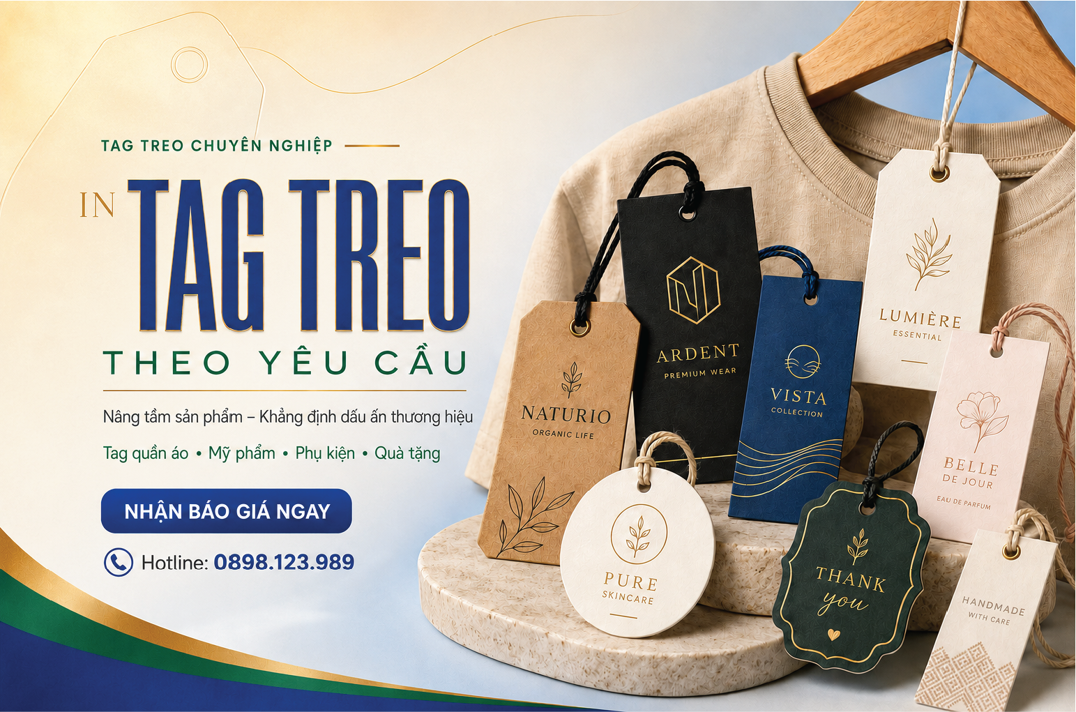 Banner in tag treo theo yêu cầu dành cho quần áo, mỹ phẩm và phụ kiện tại In Ấn Trần Gia