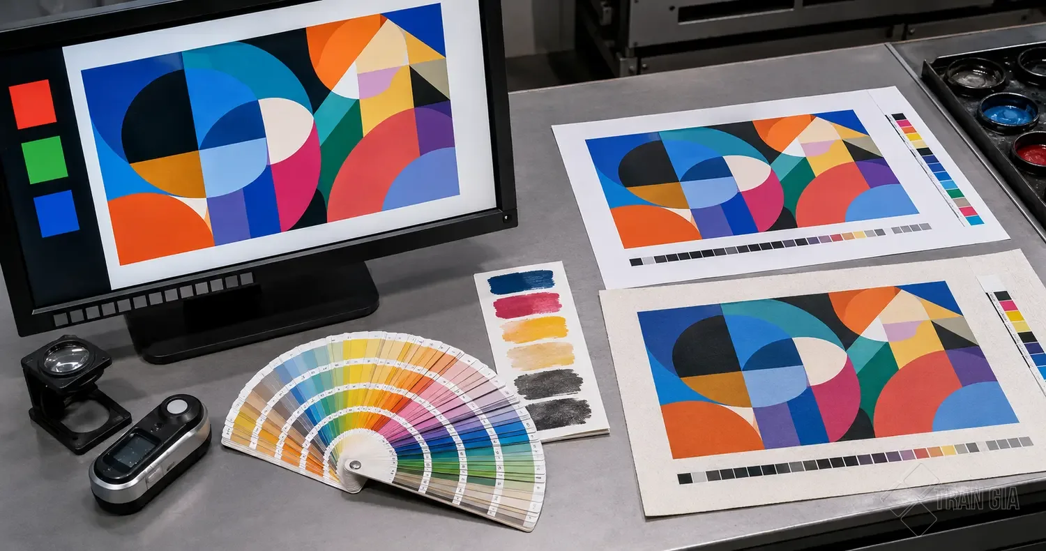 So sánh màu RGB trên màn hình với CMYK và Pantone trên giấy