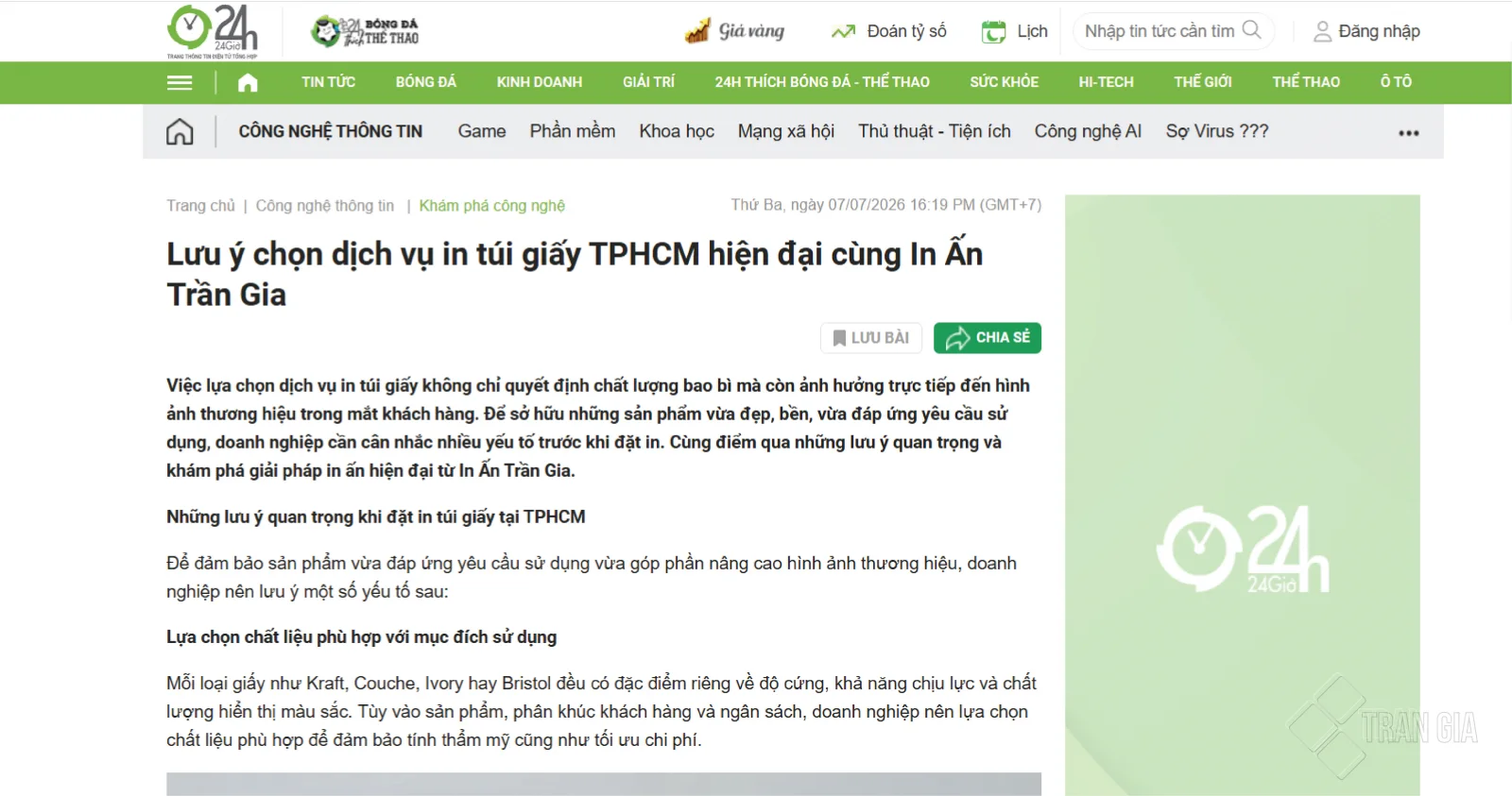 Tiêu đề bài viết về In Ấn Trần Gia đăng tải trên 24h