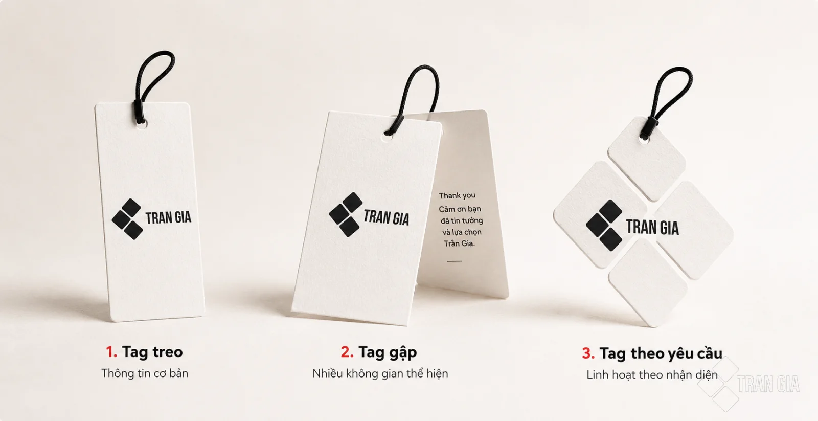 ba dang tag quan ao tag treo tag gap tag theo yeu cau Minh họa ba dạng tag quần áo gồm tag treo, tag gập và tag theo yêu cầu được nhắc đến trong bài viết về In Ấn Trần Gia