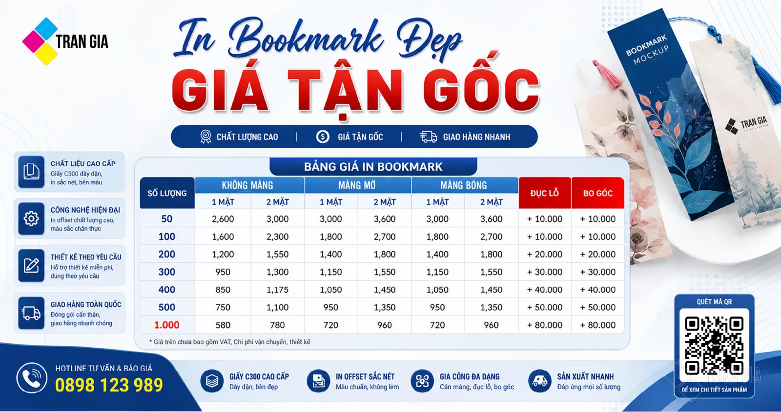 Bảng giá in bookmark tại in ấn trần gia