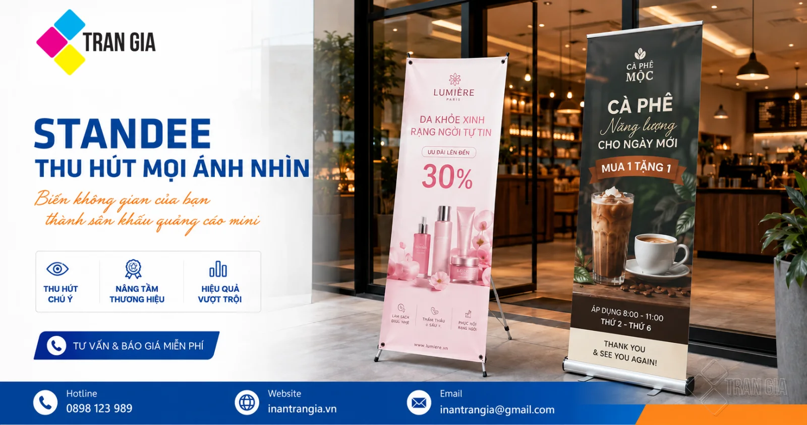 Mẫu standee chữ X và standee cuốn quảng cáo mỹ phẩm, cà phê tại cửa hàng