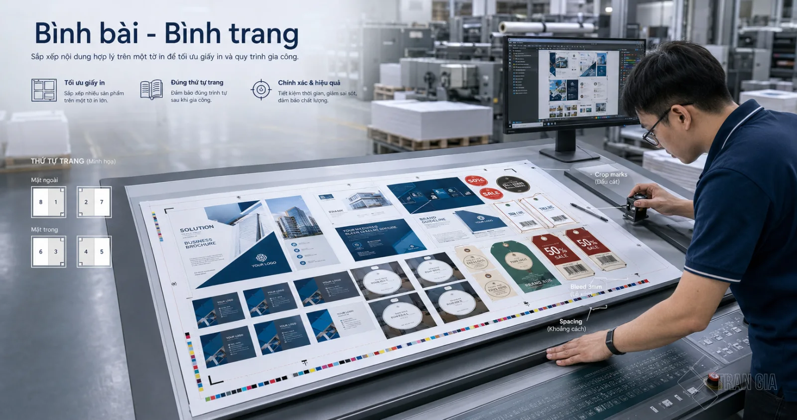 Kỹ thuật viên kiểm tra bình bài và bình trang trên tờ in lớn để tối ưu giấy và đúng thứ tự sản phẩm.