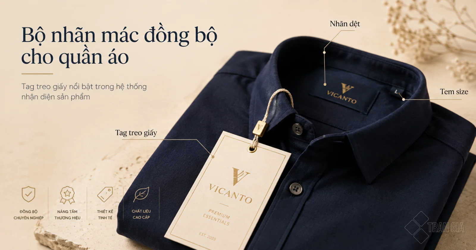 Bộ nhãn mác đồng bộ cho quần áo gồm tag treo giấy, nhãn dệt và tem size