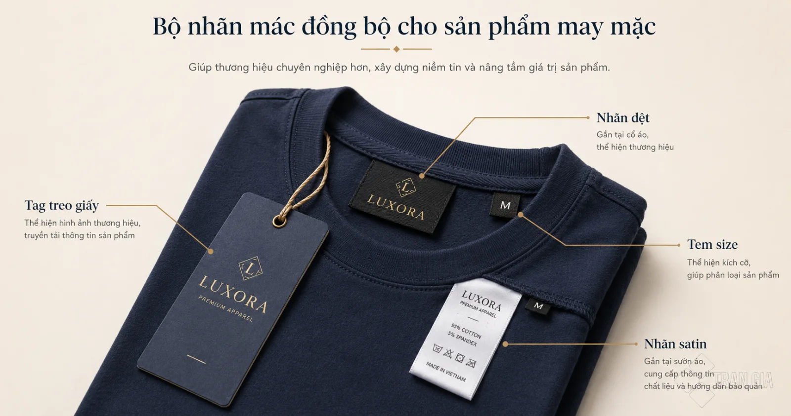 Bộ nhãn mác đồng bộ gồm tag treo, nhãn dệt, nhãn satin và tem size