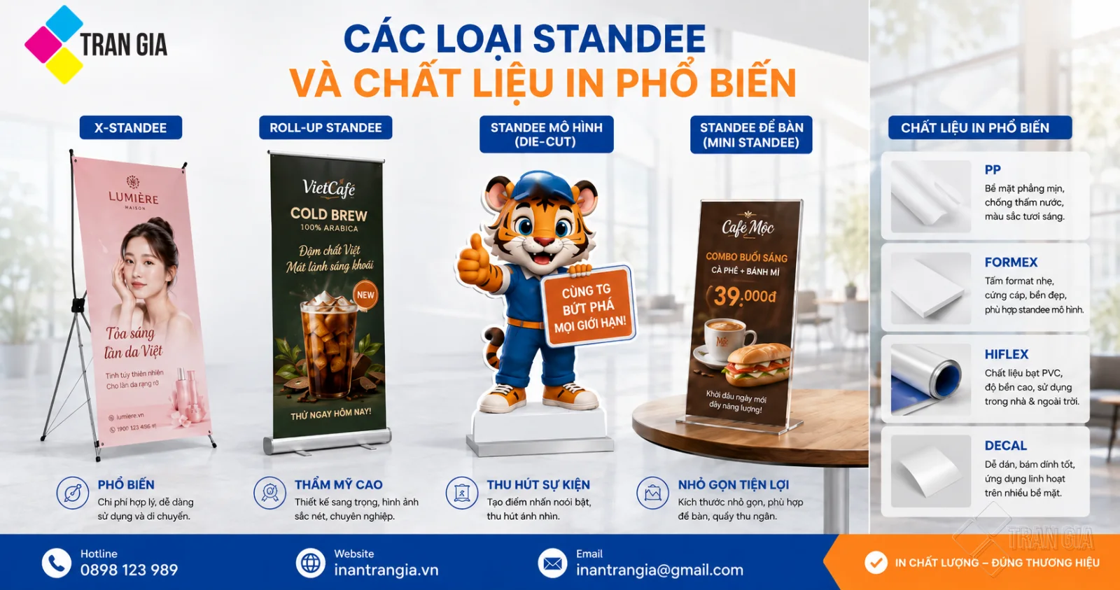 Các loại standee chữ X, standee cuốn, mô hình, để bàn và chất liệu in phổ biến