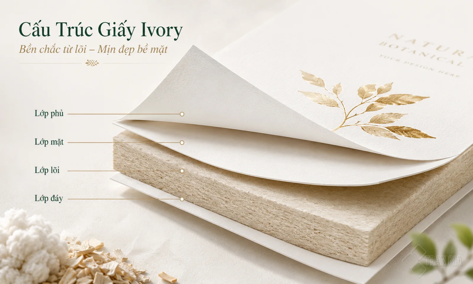 Minh họa cấu trúc nhiều lớp của giấy Ivory gồm lớp phủ, lớp mặt, lớp lõi và lớp đáy.