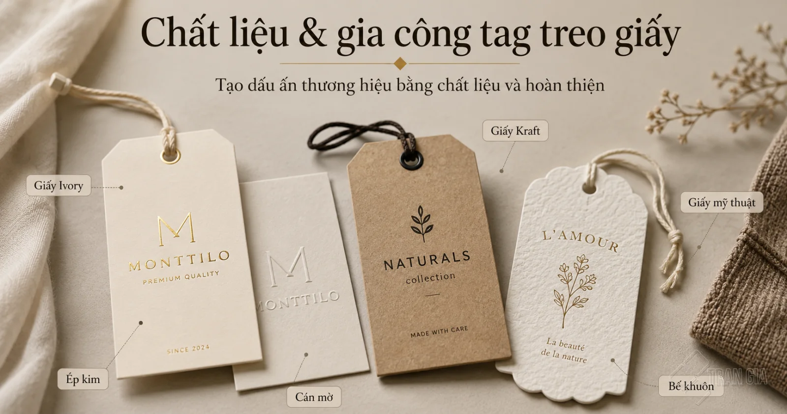 Các chất liệu và kiểu gia công tag treo giấy như Ivory, Kraft, giấy mỹ thuật, ép kim và bế khuôn