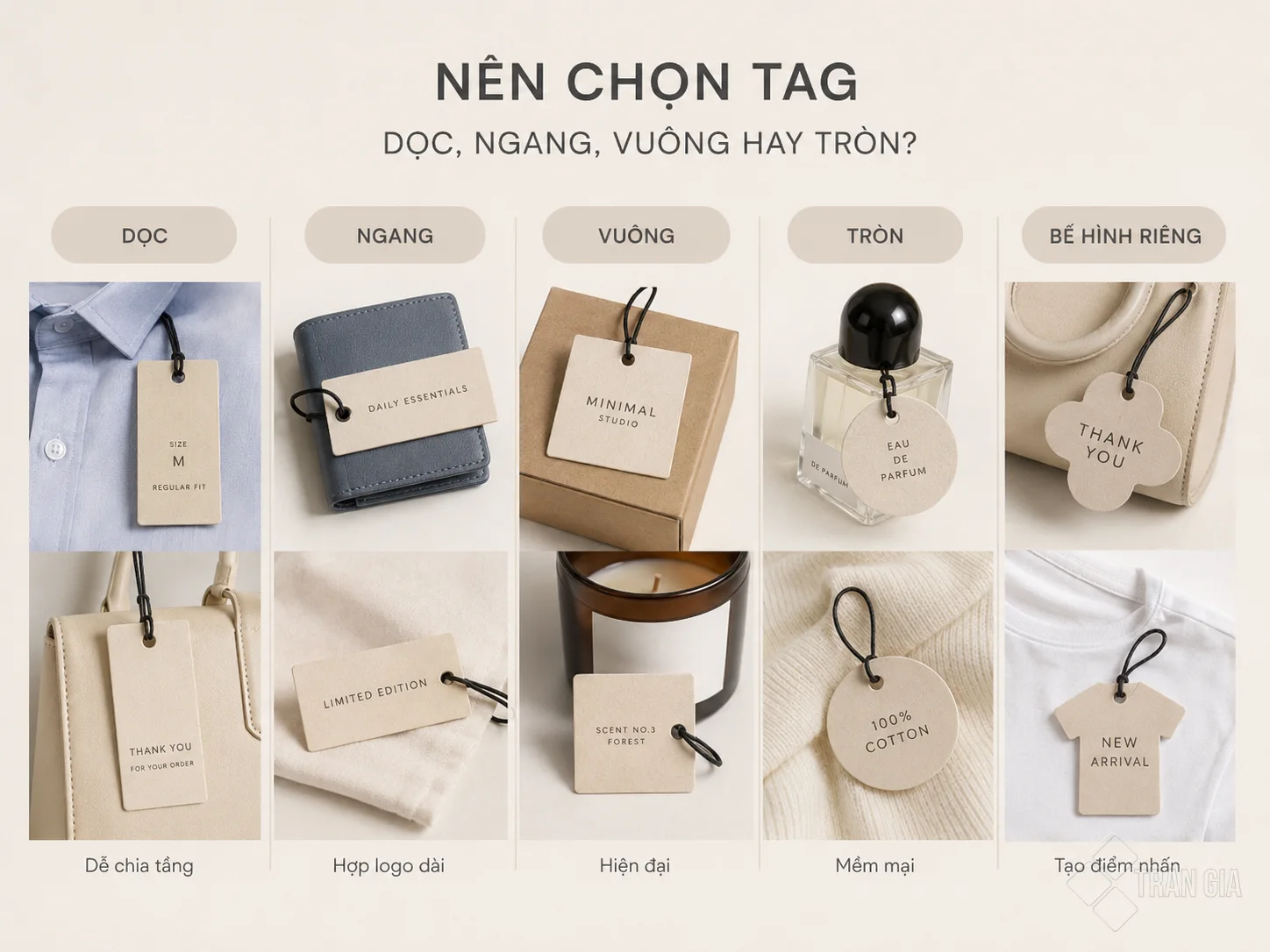So sánh tag treo dạng dọc, ngang, vuông, tròn và bế hình riêng