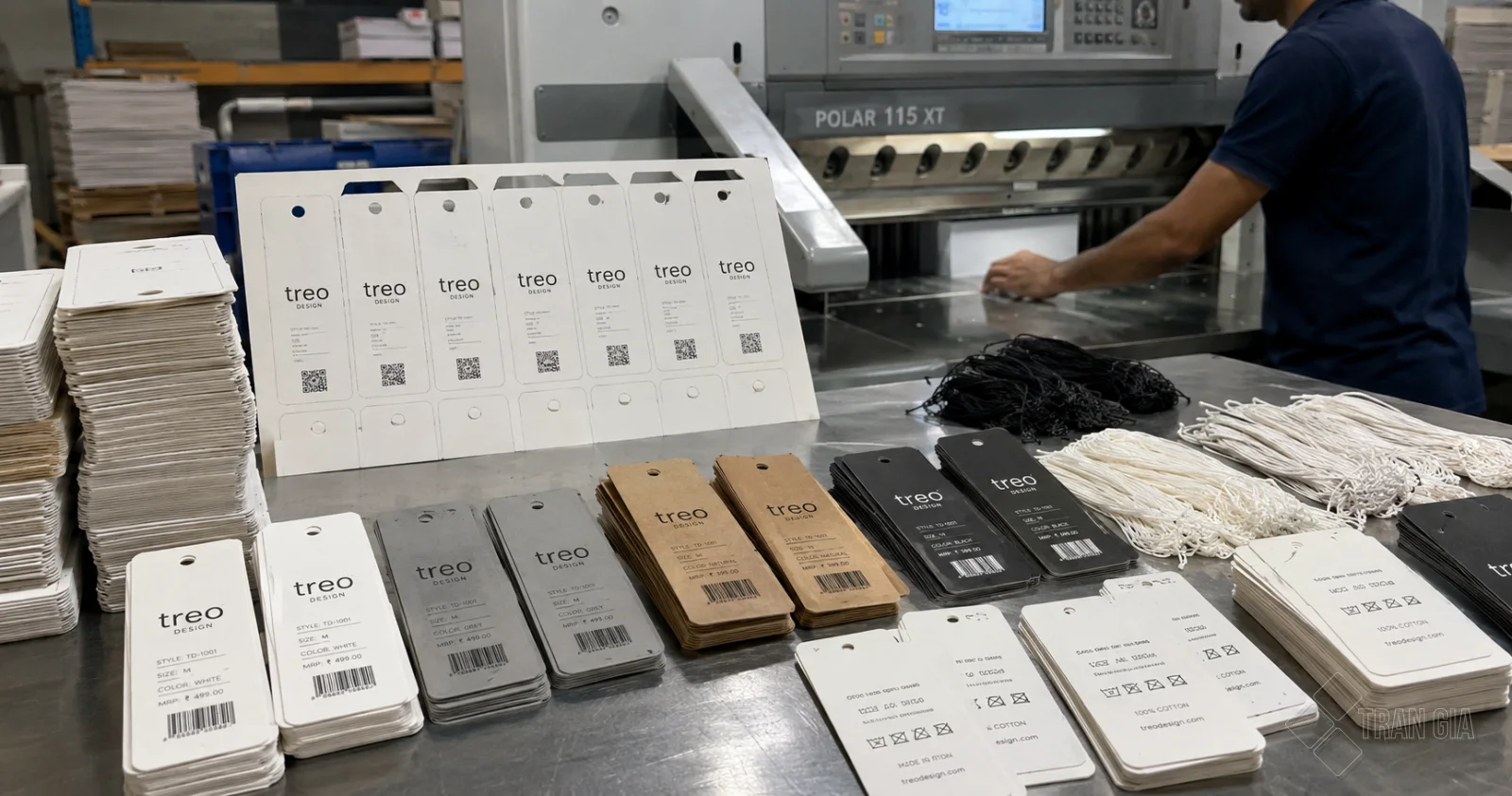 Tag treo nhiều chất liệu được cắt thành phẩm, đục lỗ và phân loại tại khu vực gia công của xưởng in