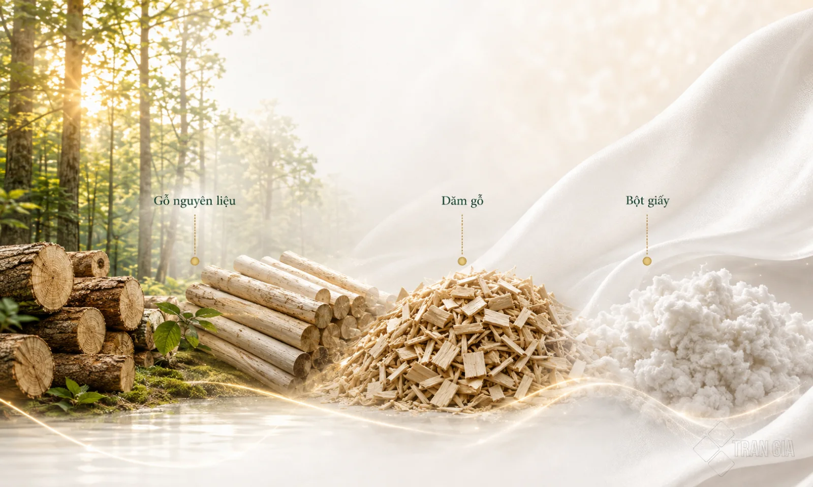 Minh họa quá trình từ gỗ nguyên liệu, dăm gỗ đến bột giấy trong sản xuất giấy Ivory.