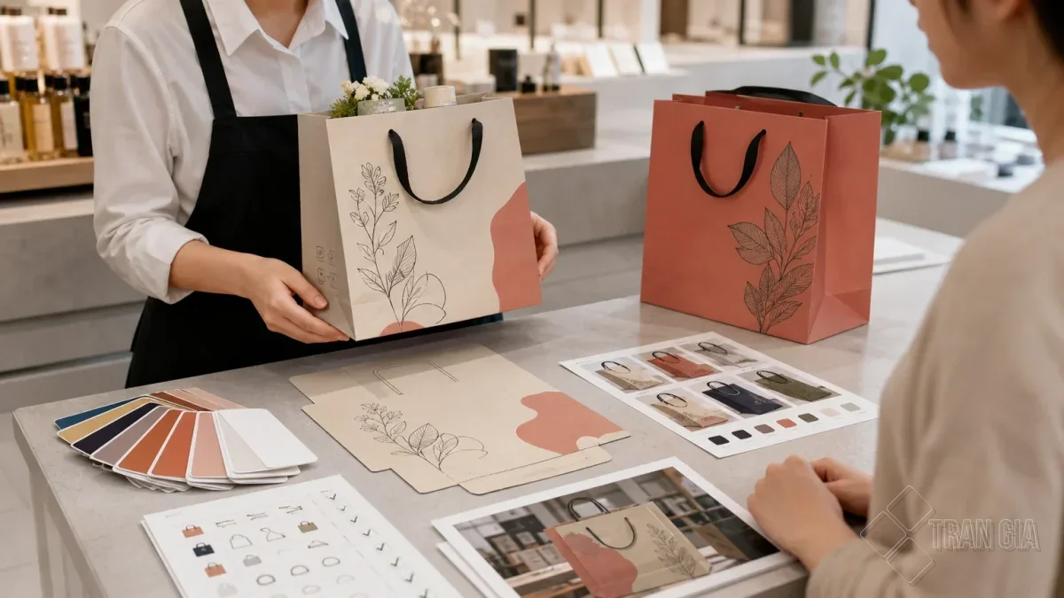 Trưng bày tại điểm bán minh họa In Ấn Trần Gia đồng hành từ tư vấn đến hoàn thiện túi giấy