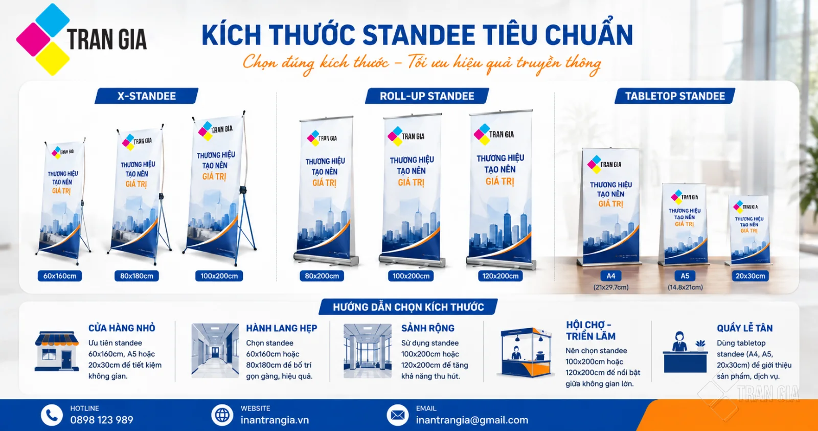 Kích thước standee chữ X, standee cuốn và standee để bàn tiêu chuẩn
