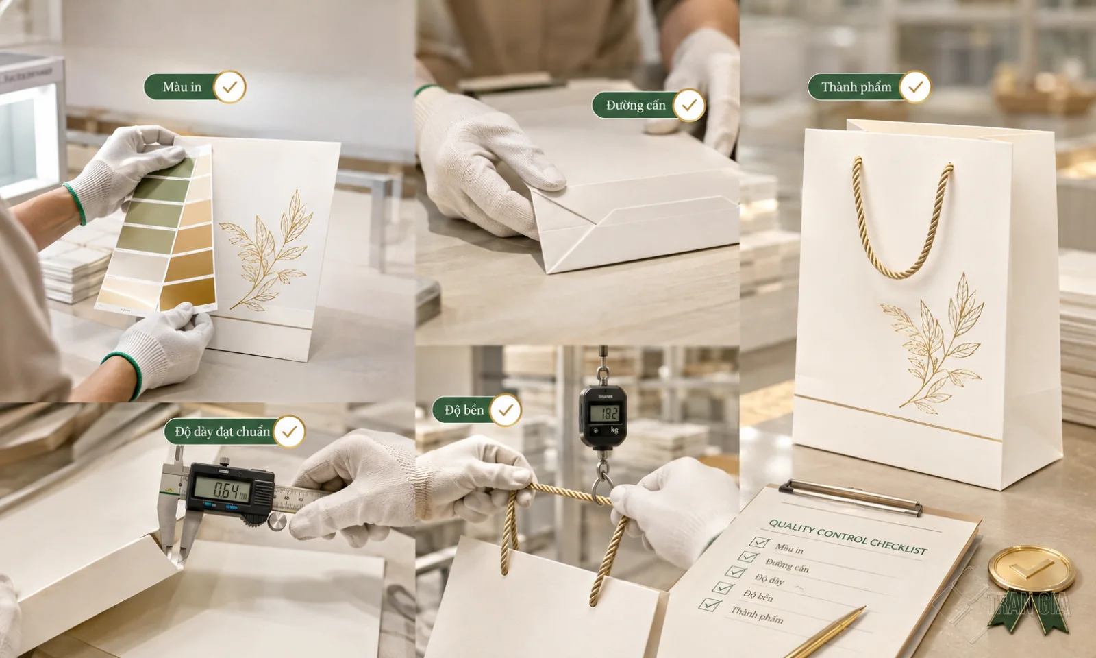 Kiểm tra chất lượng túi giấy Ivory với các tiêu chí màu in, đường cấn, độ dày, độ bền và thành phẩm.