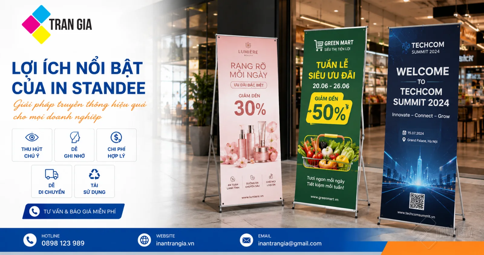 Lợi ích của in standee trong quảng bá mỹ phẩm, siêu thị và sự kiện doanh nghiệp