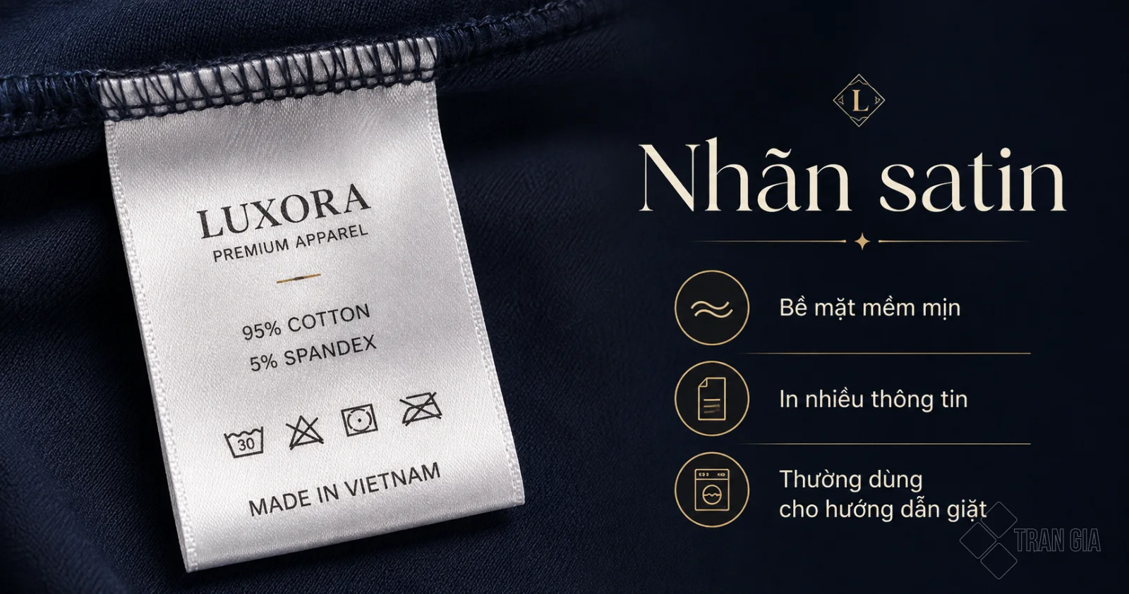 Nhãn satin in thông tin chất liệu và hướng dẫn bảo quản quần áo