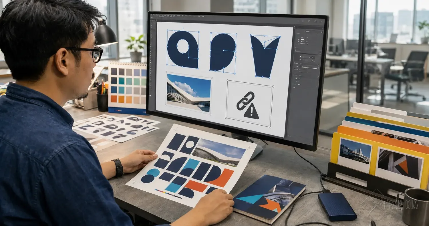 Kỹ thuật viên outline font và kiểm tra linked image trước khi xuất file in