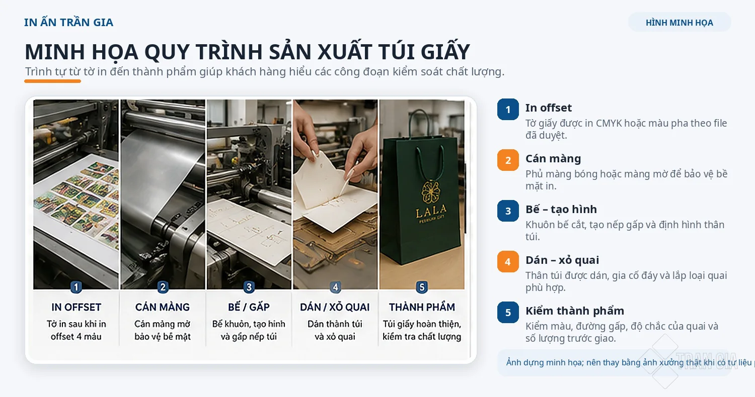 Minh họa quy trình in, cán màng, bế dán và xỏ quai túi giấy.