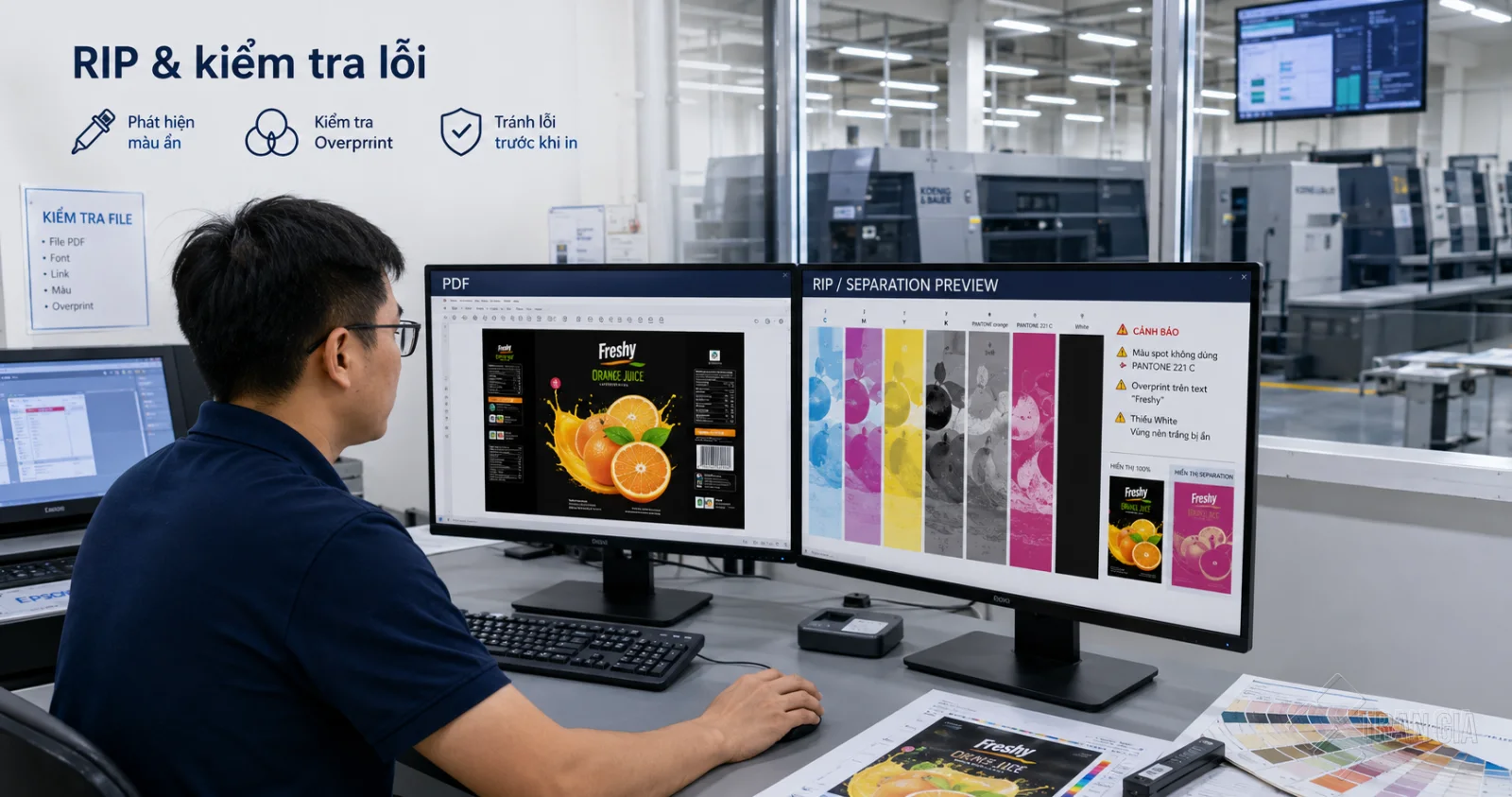 Kỹ thuật viên kiểm tra file PDF và bản tách màu RIP để phát hiện lỗi overprint, màu spot và dữ liệu in.