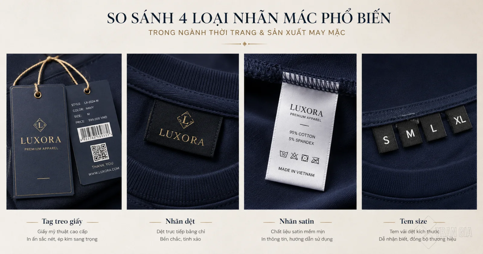 So sánh tag treo giấy, nhãn dệt, nhãn satin và tem size trong ngành may mặc