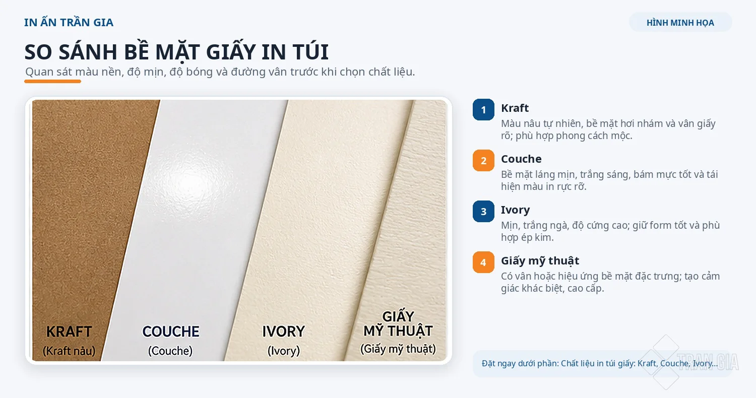 So sánh bề mặt giấy Kraft, Couche, Ivory và giấy mỹ thuật dùng để in túi giấy.