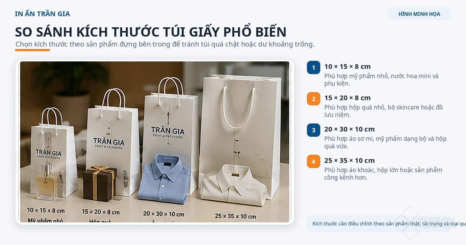 So sánh bốn kích thước túi giấy phổ biến theo loại sản phẩm đựng bên trong.