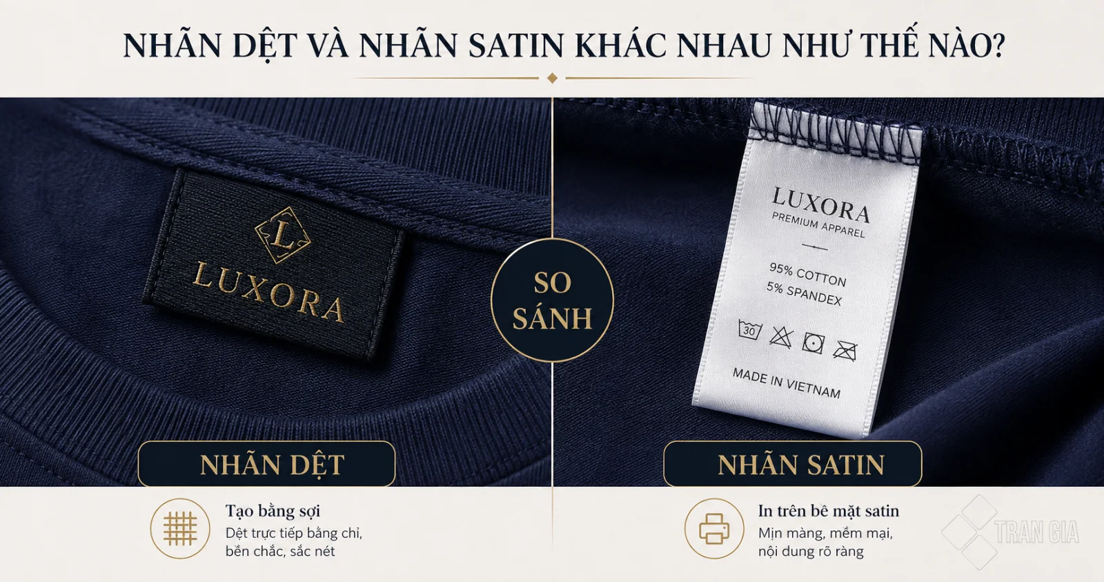So sánh sự khác nhau giữa nhãn dệt và nhãn satin trên quần áo