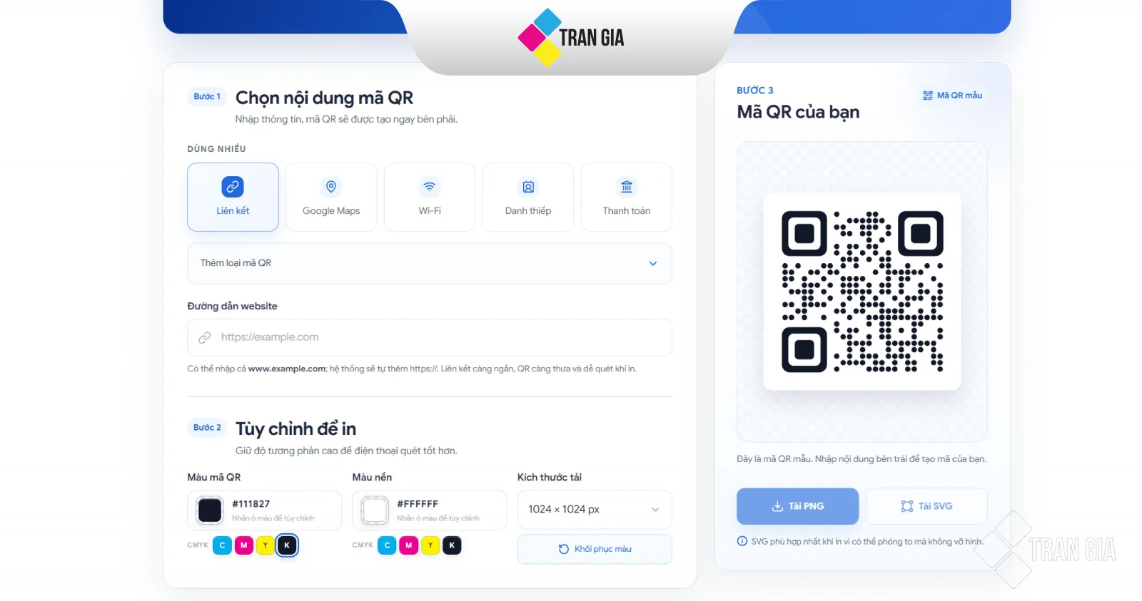 Công cụ tạo mã QR miễn phí online cho thiết kế và in ấn của Trần Gia