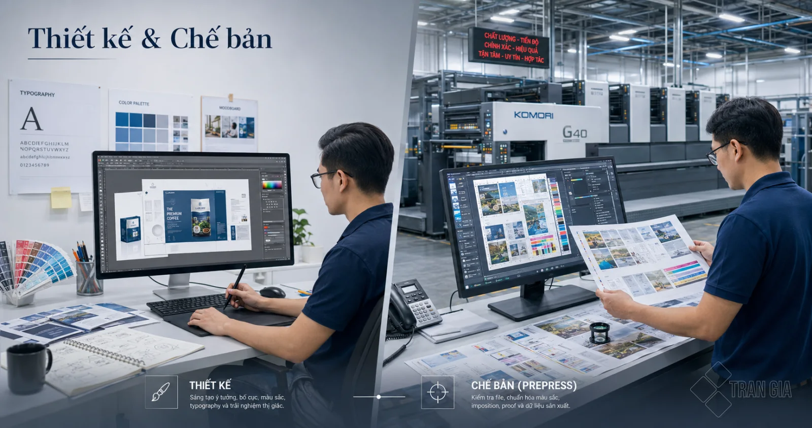 So sánh công việc thiết kế đồ họa và chế bản in ấn trong xưởng in chuyên nghiệp với máy Komori G40.