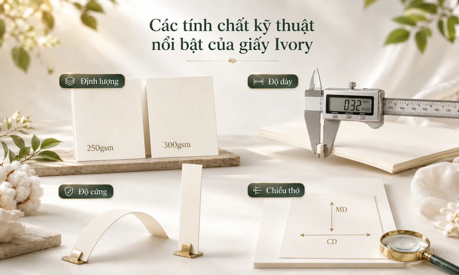 Các tính chất kỹ thuật của giấy Ivory gồm định lượng, độ dày, độ cứng và chiều thớ giấy.