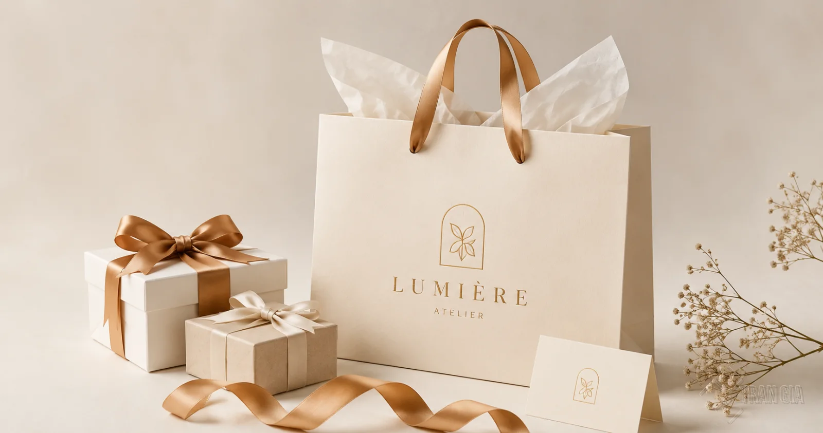 Túi giấy đựng quà Lumière Atelier màu kem với quai ruy băng satin, đi kèm hộp quà và thiệp thương hiệu.