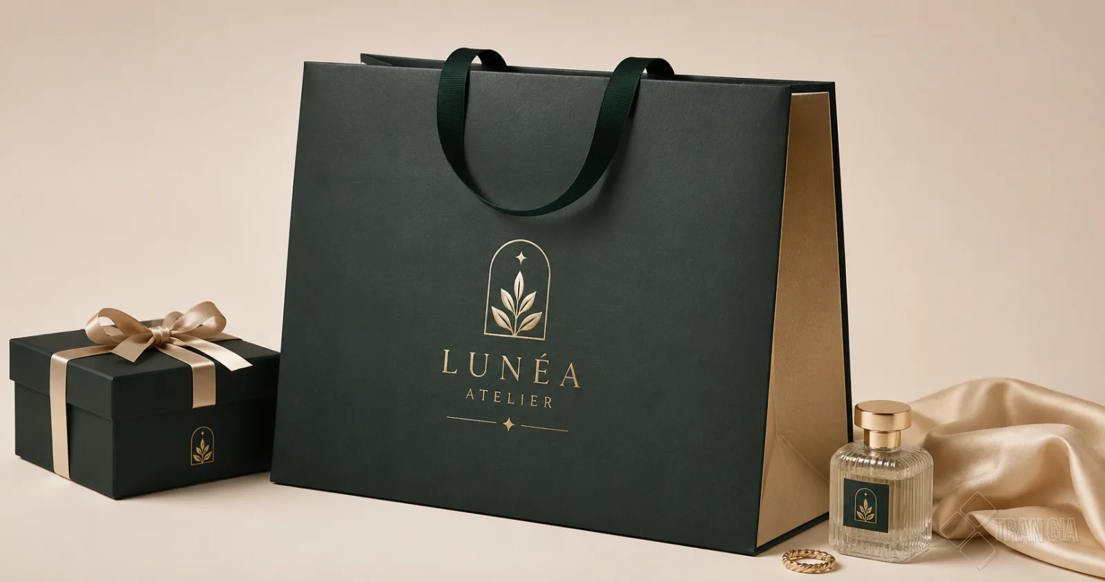 Túi giấy màu xanh đậm ép kim vàng logo Lunéa Atelier, phối cùng hộp quà và chai nước hoa.