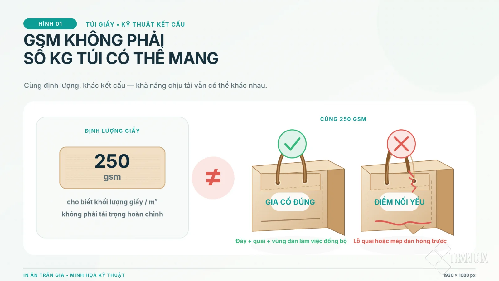 Hai túi giấy cùng định lượng 250 gsm nhưng khác kết cấu nên khả năng chịu tải khác nhau