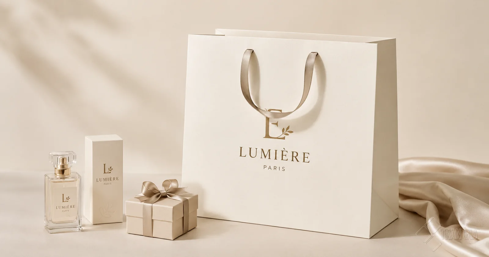 Túi giấy Ivory màu kem in logo Lumière Paris với quai ruy băng, đi kèm hộp quà và nước hoa.