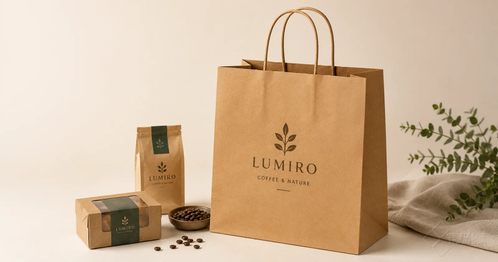 Mẫu túi giấy Kraft nâu in logo Lumiro Coffee & Nature với quai giấy xoắn.