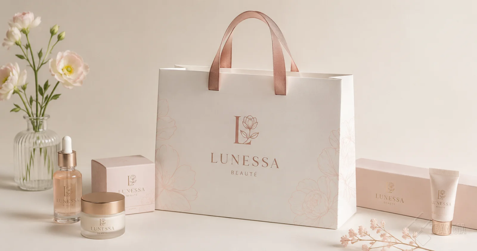 Túi giấy đựng mỹ phẩm Lunessa Beauté màu trắng hồng, đi kèm chai serum, hộp kem và tuýp mỹ phẩm.