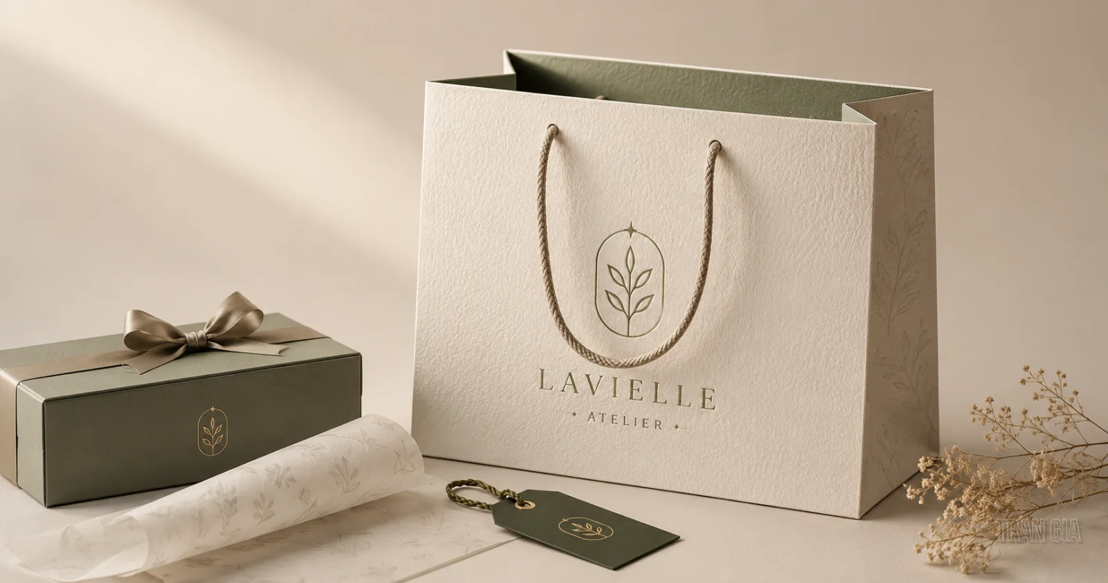 Túi giấy mỹ thuật bề mặt vân nổi in thương hiệu Lavielle Atelier với phụ kiện đồng bộ sang trọng.