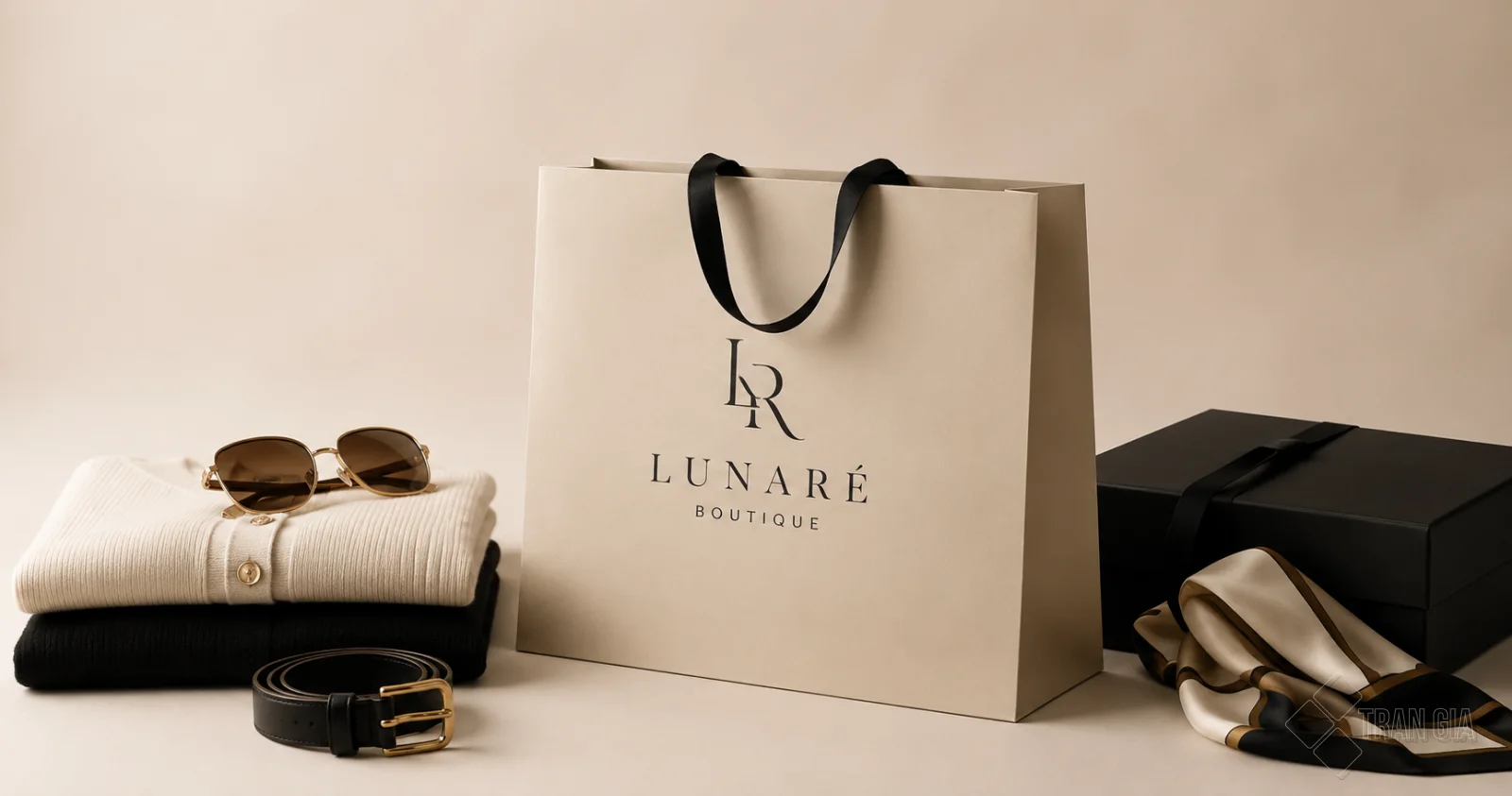 Túi giấy dành cho shop thời trang Lunaré Boutique với quai ruy băng đen, đi kèm quần áo và phụ kiện.