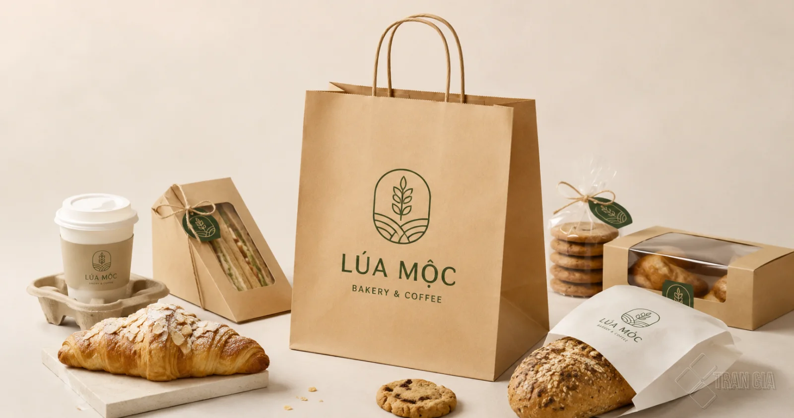Túi giấy thực phẩm Lúa Mộc Bakery & Coffee bằng giấy Kraft, đi kèm bánh mì, bánh ngọt và ly cà phê.