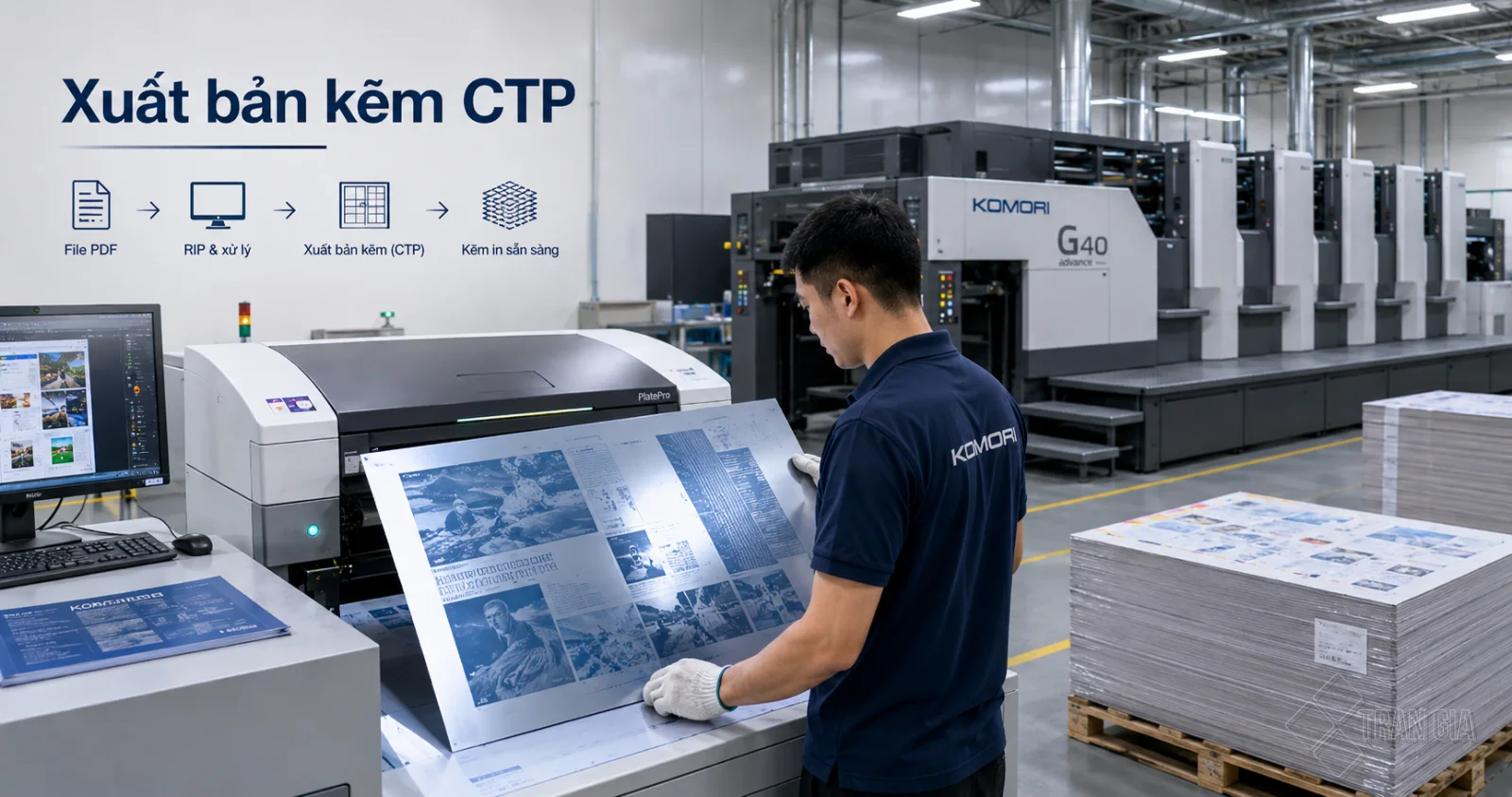 Kỹ thuật viên xuất bản kẽm CTP và kiểm tra bản kẽm trước khi đưa lên máy offset Komori G40.