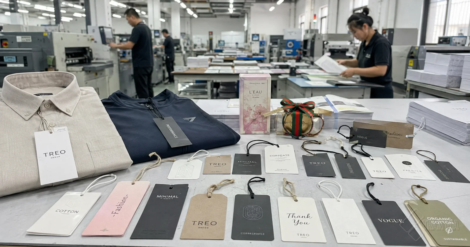 Các mẫu tag treo thời trang nhiều chất liệu được trưng bày tại khu vực gia công của xưởng in